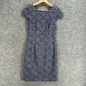 Alex Evenings Dress Women 4P Petite Gray Floral Crochet Sheath Midi Sequin Zip